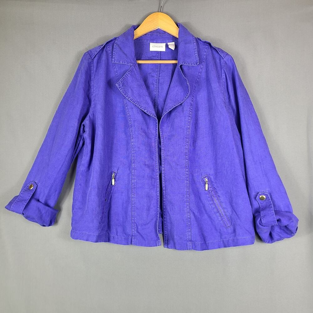 Chicos Linen Open Front Lightweight Jacket Blue Roll Tab Coastal Beachy Size L